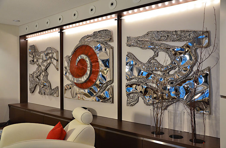 Polished stainless steel wall art for an exclusive living room